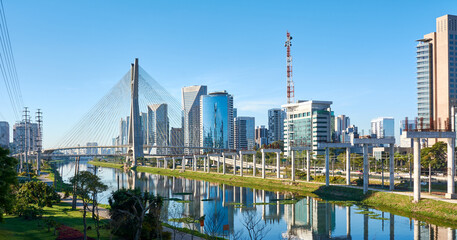 Urban cityscape with a cable-stayed bridge in São Paulo city.
