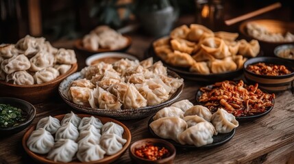 An enticing selection of various dumplings displayed on traditional wooden plates, accompanied by spicy dips, showcasing a rich array of flavors and culinary artistry.
