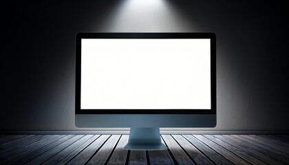 Fototapeta premium a computer monitor with a blank screen in a dark room illuminated by a spotlight