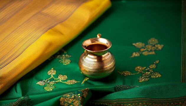 traditional green and yellow paithani silk saree with brass lota pot