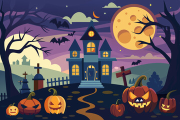 Fototapeta premium Spooky Halloween Night Scene with Haunted House