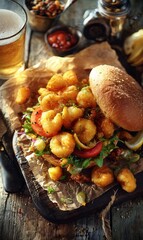 Delicious Shrimp Burger with Tater Tots and Beer on Rustic Wooden Table
