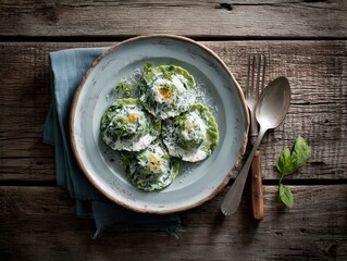 Delicious Spinach Ravioli with Creamy Sauce on Rustic Wooden Table