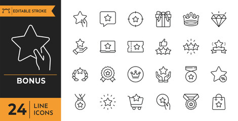 Bonus Outline icon set. Containing benefit, reward, bonus, badge, award, star, and more. Editable stroke. Vector illustration