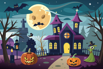 Fototapeta premium Spooky Halloween Night Scene with Haunted House