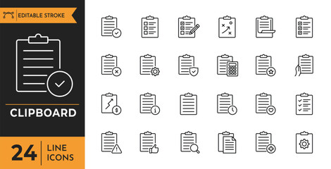 Clipboard outline icon set. Containing Clipboard, checklist, report, survey, and more. Editable stroke. Vector illustration