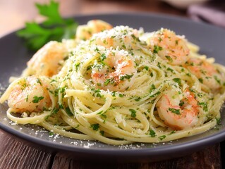 Delicious Shrimp Pasta with Garlic and Parsley Garnish on a Rustic Wooden Table