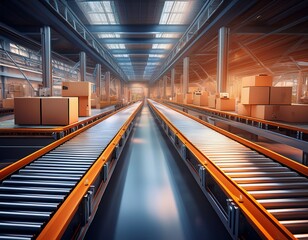 Fototapeta premium automated conveyor belt system transporting packages in a large distribution center