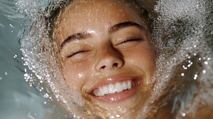 Woman with a joyful smile enjoying a refreshing moment in water with splashes and bubbles