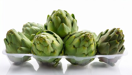 Obraz premium view of harvest of ripe green artichokes packed in plastic boxes ready for storage or delivery papercraft isolated with white highlights