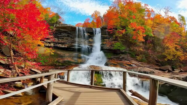 Scenic autumn waterfall surrounded by colorful fall foliage and wooden observation deck
