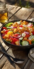 Vibrant Fresh Salad with Colorful Vegetables and Chickpeas in a Rustic Setting
