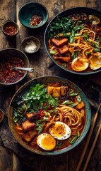 Delicious Asian Noodle Soup with Tofu, Eggs, and Fresh Vegetables on Rustic Wooden Table
