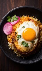 Delicious Biryani with Fried Egg and Fresh Garnishes in a Rustic Bowl