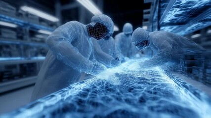 Wireframe visualization revealing pharmaceutical workers wearing protective gear, carefully inspecting medicine production process on advanced conveyor system with digital network overlay - Powered by Adobe