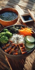 Delicious Japanese Cuisine: Grilled Eel Bowl with Fresh Vegetables and Soup
