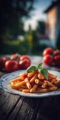 Delicious Penne Pasta with Fresh Tomatoes and Basil on a Rustic Table