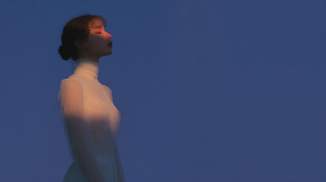 Full-body glowing white silhouette against a twilight sky in a serene and contemplative pose