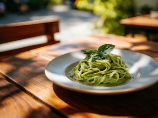 Delicious Pesto Pasta Served on a Rustic Wooden Table in Natural Light