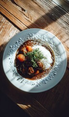 Delicious Homemade Curry with Rice and Fresh Herbs on a Rustic Wooden Table