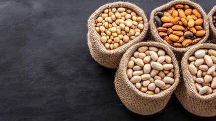 Fototapeta premium Assorted nuts in burlap sacks arranged on a dark surface for healthy snack options