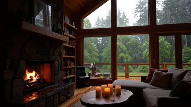 Cozy rustic living room with fireplace and forest view during rainy weather. Interior atmosphere concept Seamless looping 4k time-lapse animation video background