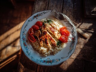 Delicious Grilled Chicken with Rice and Cherry Tomatoes on a Rustic Table