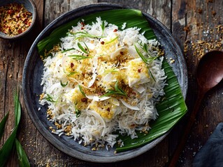 Delicious Coconut Rice with Spices and Fresh Herbs on a Rustic Wooden Table