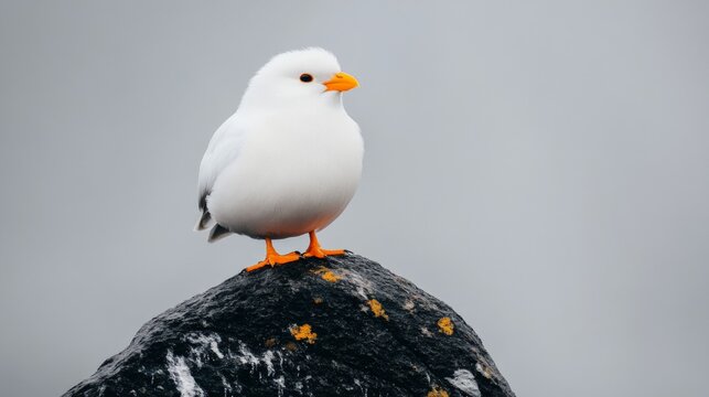 White seagull standing on a dark rock with yellow lichen against a gray background