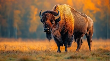 Majestic bison in golden autumnal field
