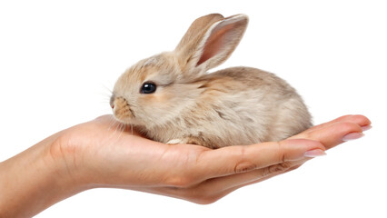 Tiny furry bunny held gently in a hand, a cute pet isolated on white 