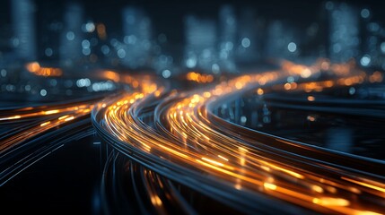 Illuminated Fiber Optic Cables Over Night Cityscape