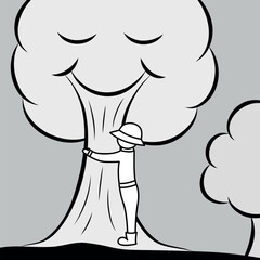 child hugging a tree, i love nature, vector illustration