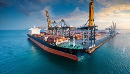 Naklejka premium cargo ship in seaport cargo ship arrived at port for loading freight ship in front of tower cranes export and import symbols empty cargo ferry awaits loading sea import international export p