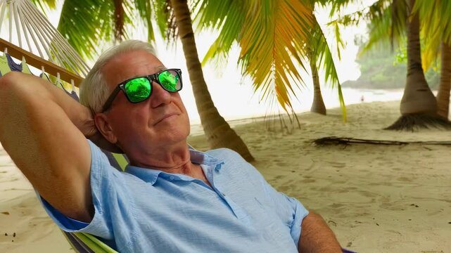 Relaxed senior man enjoying tropical beach vacation in hammock