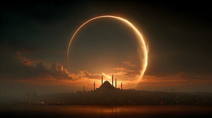 A golden encircles the silhouette of a mosque against a moody sunset horizon over the water tonight.