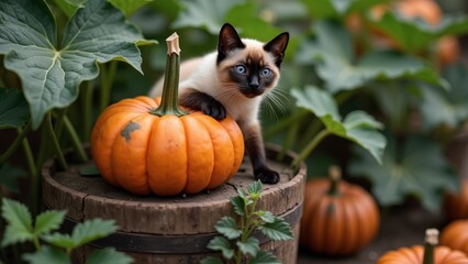 Siamese Cat on Pumpkin in Autumn Garden, Fall Harvest Scene