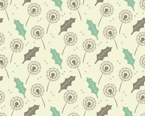 Seamless pattern vector with dandelions and leafs. beautiful hand-drawn illustration on beige -vector eps8