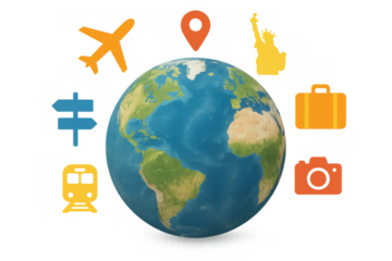 Global tourism concept featuring colorful travel icons, including airplane, statue of liberty, suitcase, camera, train, circling 3d earth rendering against transparent backdrop