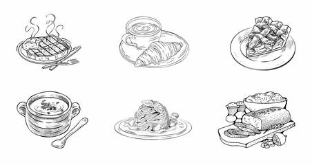 Hand-drawn food illustration set. Ink sketch of steak, coffee with croissant, pie, soup, spaghetti, and bread.