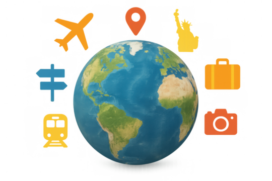Global tourism concept featuring colorful travel icons, including airplane, statue of liberty, suitcase, camera, train, circling 3d earth rendering against transparent backdrop