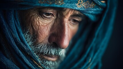 Close up portrait shows weathered face of thoughtful ethnic man wea traditional blue head cove.