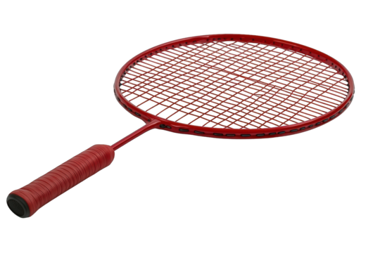 Red badminton racket on a black surface