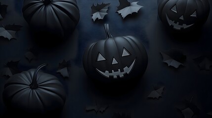 Minimalist Black Jack-o'-Lantern Pumpkins on Dark Background with Autumn Leaves – Modern Halloween Concept.