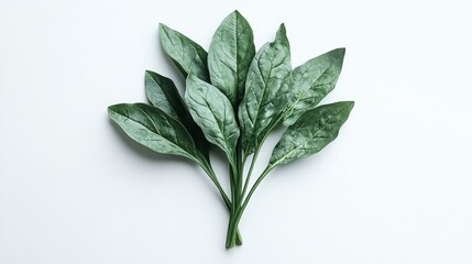 Aromatic bunch of spinach leaves on a bright white background, plant-based eating concept