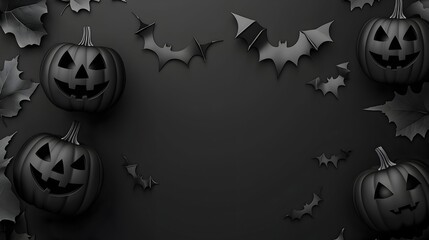 Minimalist Black Jack-o'-Lantern Pumpkins on Dark Background with Autumn Leaves – Modern Halloween Concept.