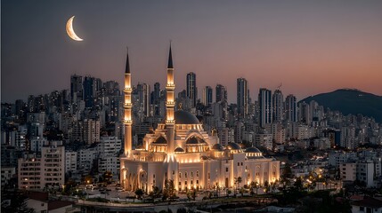 Naklejka premium A beautiful mosque shines brightly at dusk with a crescent moon above the modern city skyline view.