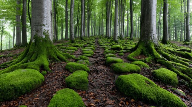 Lush green moss covers rocks and tree roots along a forest path surrounded by tall trees