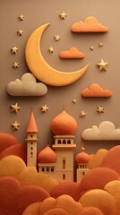 Ramadan moon and stars adorn a charming mosque led among fluffy clouds against a soft beige background.