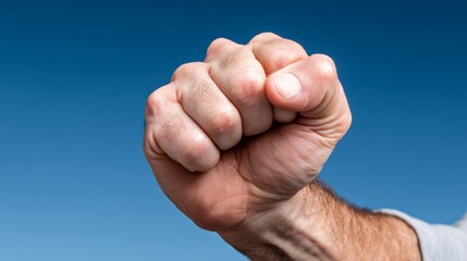 Close-up of a clenched fist with a blue sky background, symbolizing strength and determination